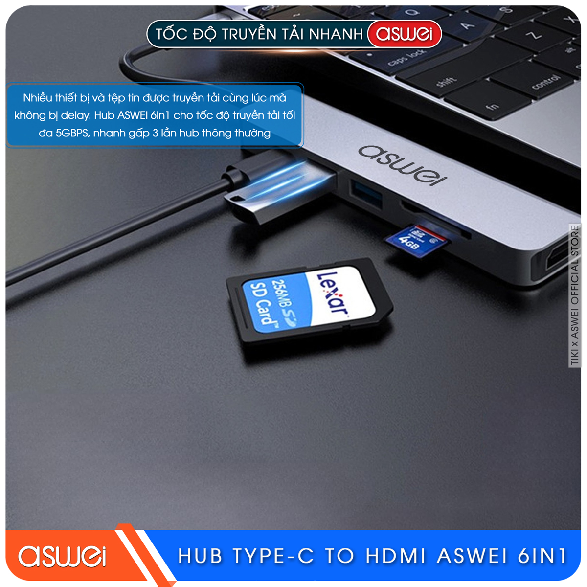 Hub Type C ASWEI 6 in 1 To HDMI, USB 3.0, SD, TF, PD 100W - Hàng Chính Hãng