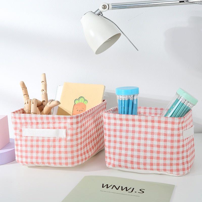 Hộp vải đựng đồ, giỏ vải kẻ cara màu hồng dễ thương có quai xách, giúp sắp xếp mỹ phẩm, sách vở, quần áo gọn gàng