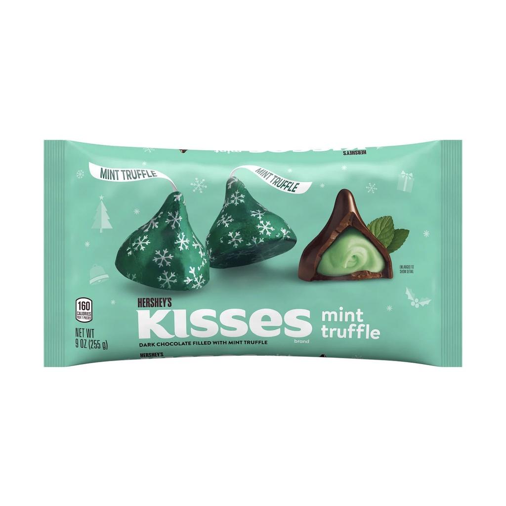 TÚI 255g SOCOLA ĐEN/ĐẮNG - KEM BẠC HÀ Hershey Kisses - Dark Chocolate Filled with Mint Truffle, Mẫu Christmas (9 oz)