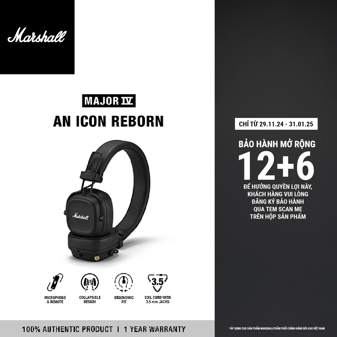 Tai Nghe Bluetooth Marshall Major Iv - 80 Giờ Nghe Nhạc Không Dây - Hàng Chính Hãng - Black