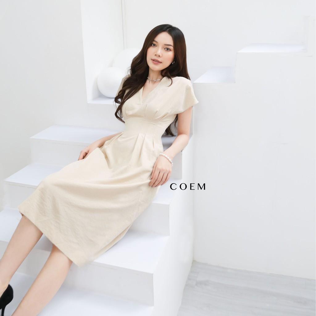 Đầm Midi Cổ Xẻ Chiết Eo Chất Liệu Linen Premium Màu Nude CO EM Thiết Kế Thanh Lịch Nữ Tính Phù Hợp Công Sở Đi Tiệc