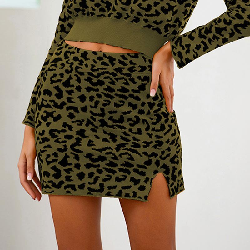 Fashion Women Knitted Mini Skirt Leopard Elastic High Waist Slit Front Slim Autumn Winter Casual Short Skirt
