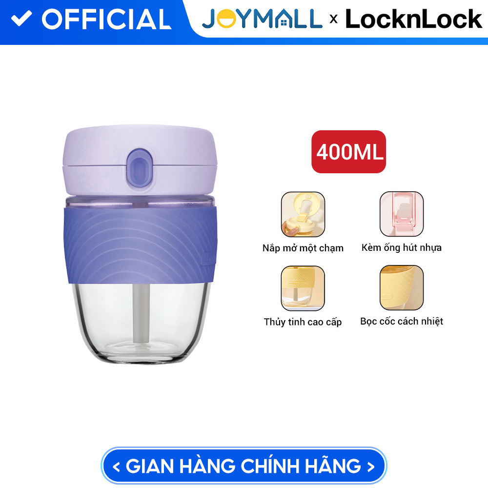 Bình nước thủy tinh bọc cách nhiệt 400ml LocknLock màu tím LLG968DBLU, Hàng chính hãng, có ống hút, mở 1 chạm - JoyMall