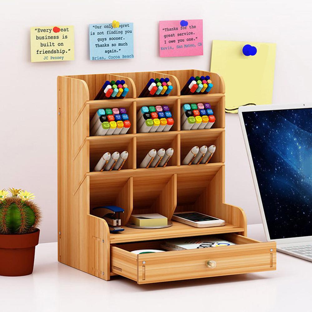 Hộp đựng bút đa chức năng bằng gỗ để bàn với 12 ngăn và 1 ngăn kéo 