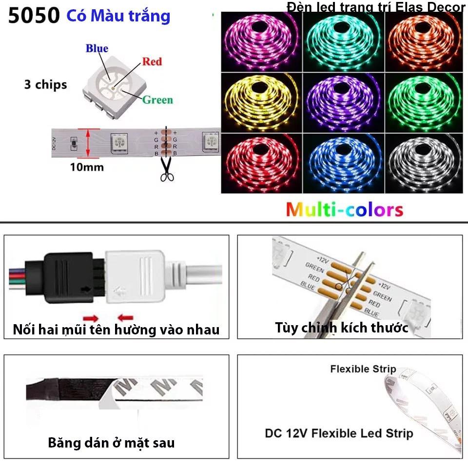 Combo Đèn Led Dán Tường Đèn Led 5050 RGB ĐK44 5m/10m/15m Đèn Led Trang Thay Đổi Màu Triệu View
