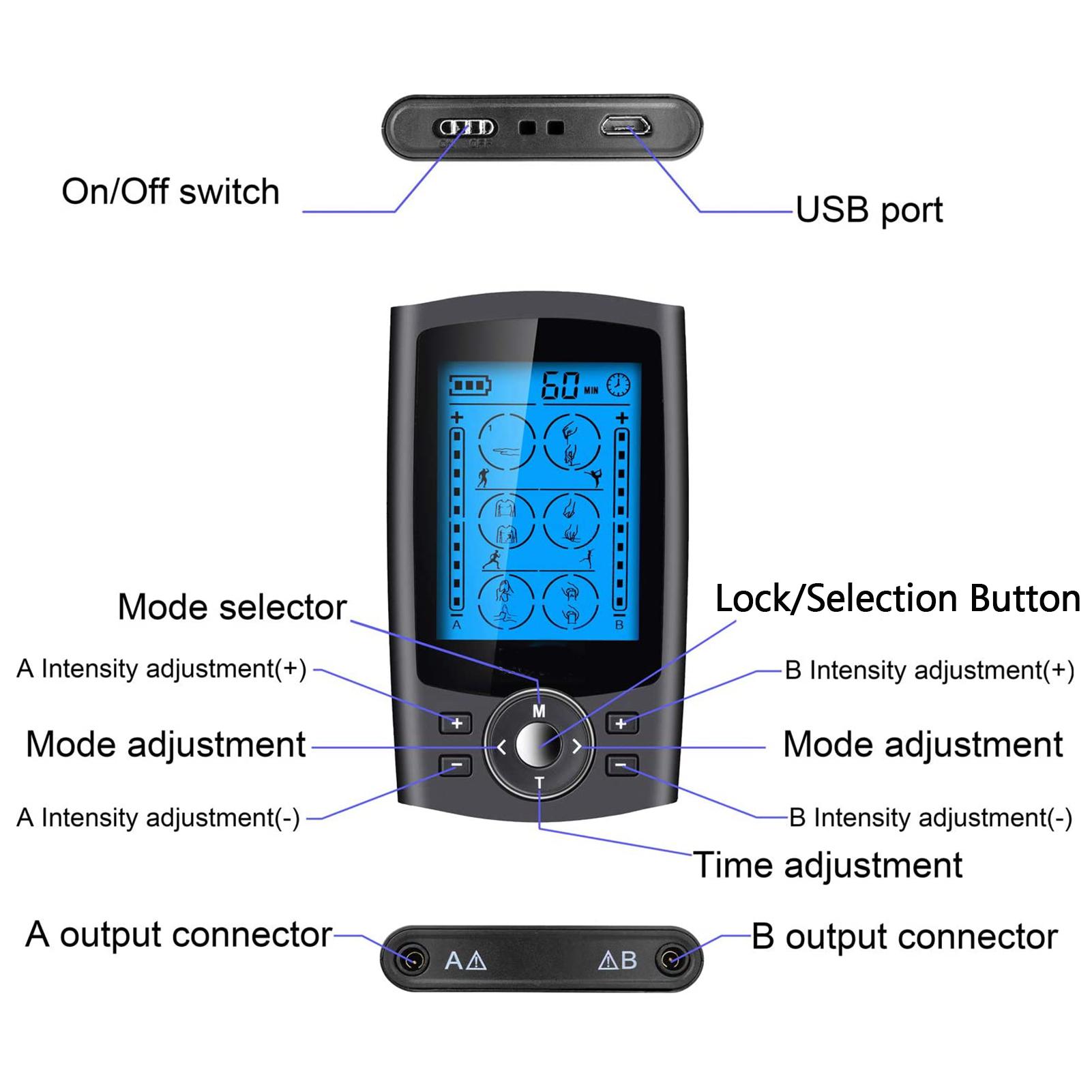 24 Mode Home USB Digital Meridian Massager TENS Dual Channel Pulse Massager 12 Patch with Palm Stick Elliptical Stick