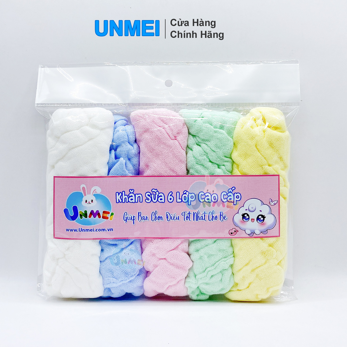 Bịch 5 Cái Khăn Sữa 6 Lớp UNMEI 30x30cm, Khăn Mềm Min 100% Cotton Nhiều Màu