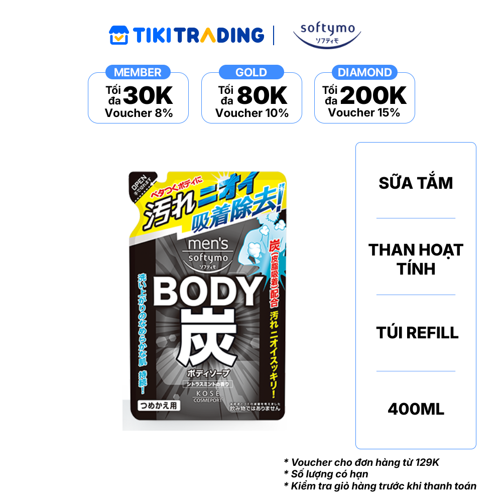 Sữa tắm than hoạt tính dành cho nam SOFTYMO túi refill (400 ml/túi)