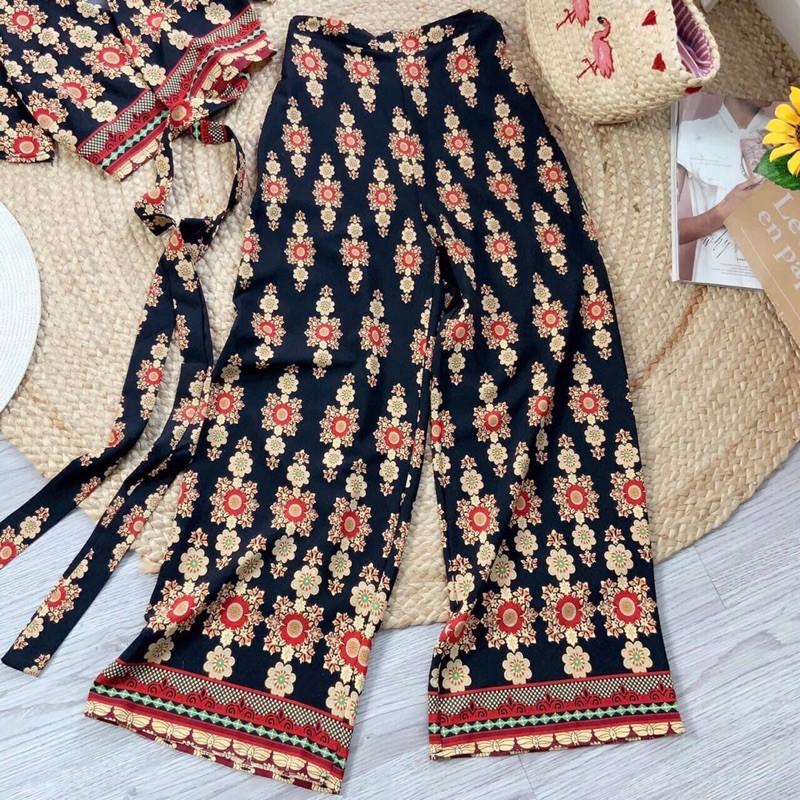 S85 Sét áo croptop đắp chéo và quần ống rộng hoạ tiết thổ cẩm
