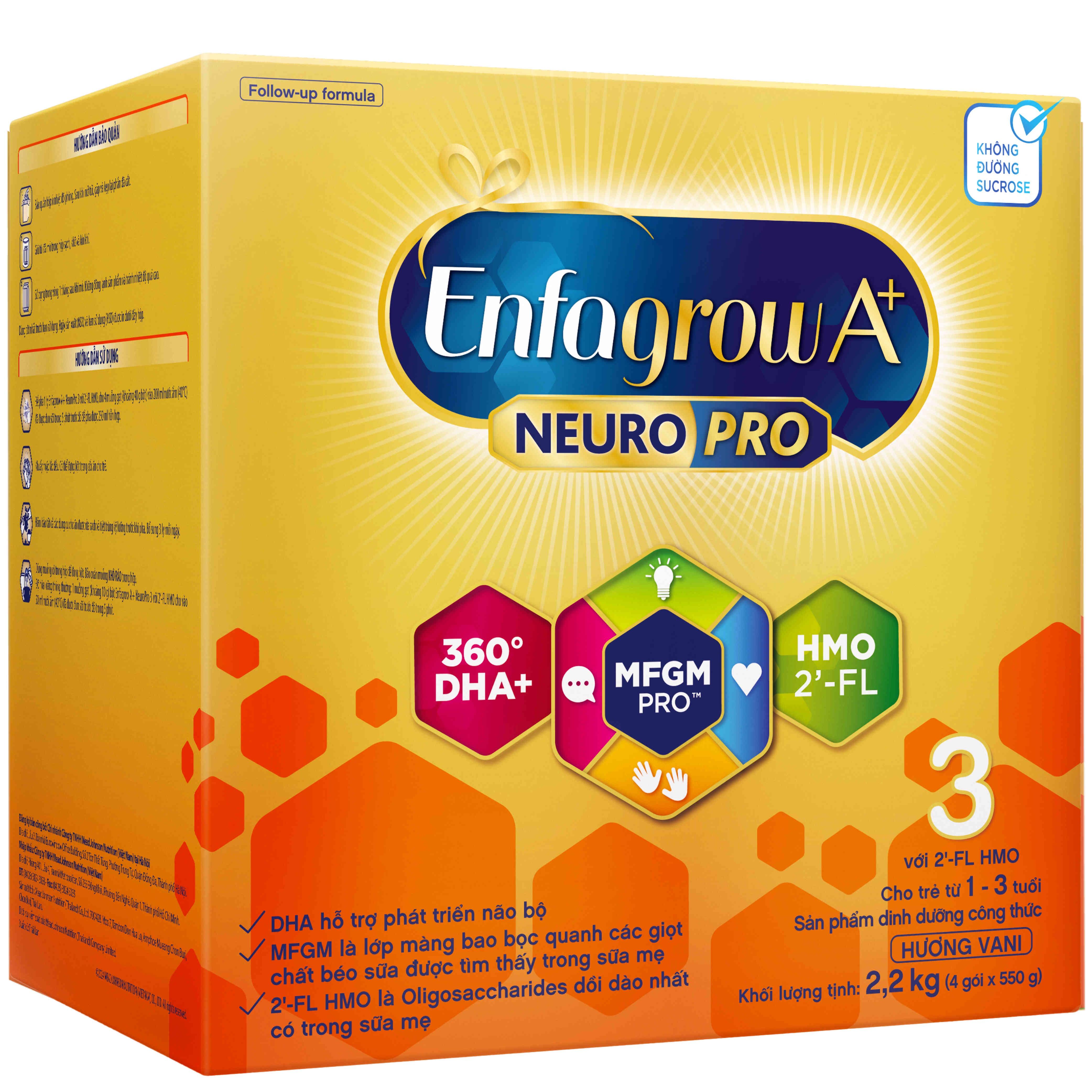 Thùng 4 hộp sữa bột Enfagrow A+ NeuroPro 3 với 2’-FL HMO cho trẻ từ 1 – 3 Tuổi - Vị Nhạt Dễ Uống (2.2kg)