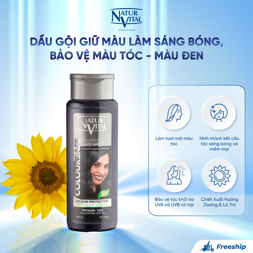 Dầu Gội Giữ Màu NaturVital Henna Black Chiết Xuất Hướng Dương & Lá Trơ, Giúp Làm Sáng Bóng, Bảo Vệ Màu Tóc - Màu Đen