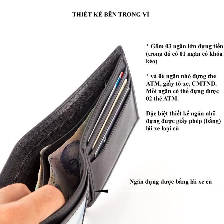 Ví Da Nam Cao Cấp, Da Bò Thật Dáng Ngang Nhiều Ngăn Đựng Tiền Và Thẻ Tiện Dụng, ĐEN