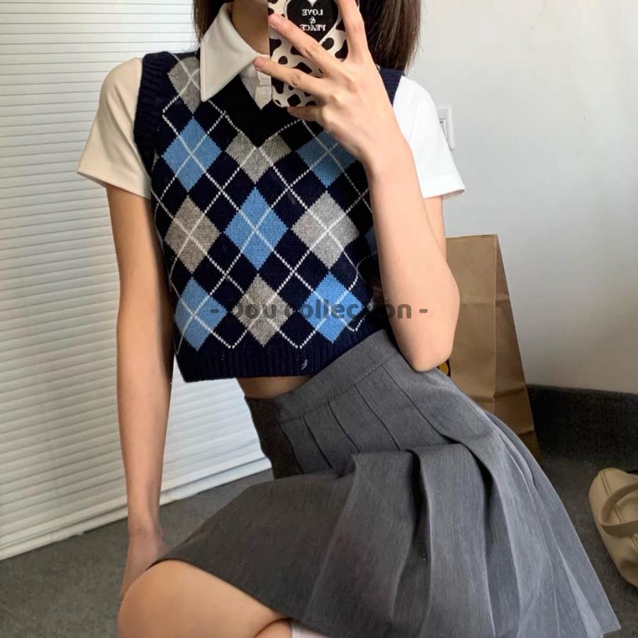 Áo Gile Họa Tiết Caro Vintage Áo Len Không Tay Cổ V Cá Tính Thời Trang Thu Đông - Mã TA002