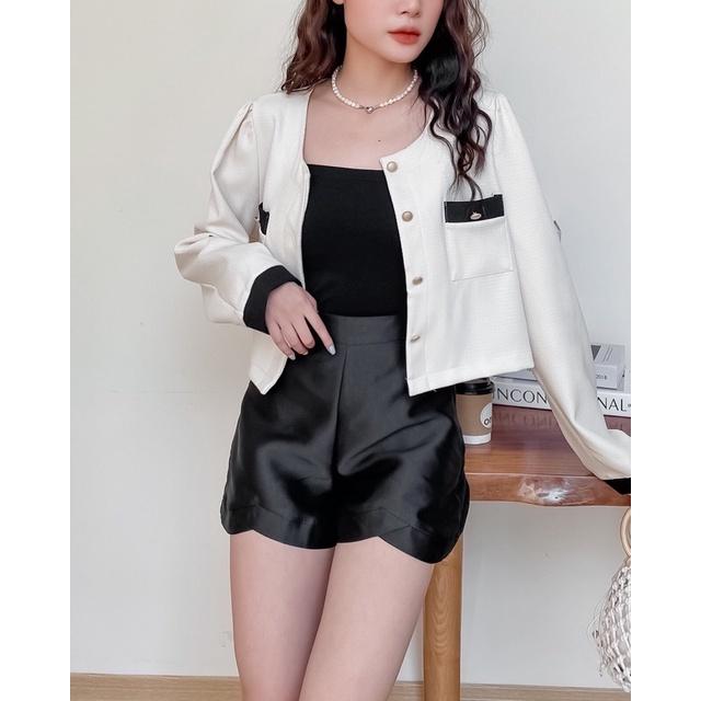 Áo khoác dạ nữ dài tay 2 túi ngực khuy đồng phối viền đen 76a10 by germe