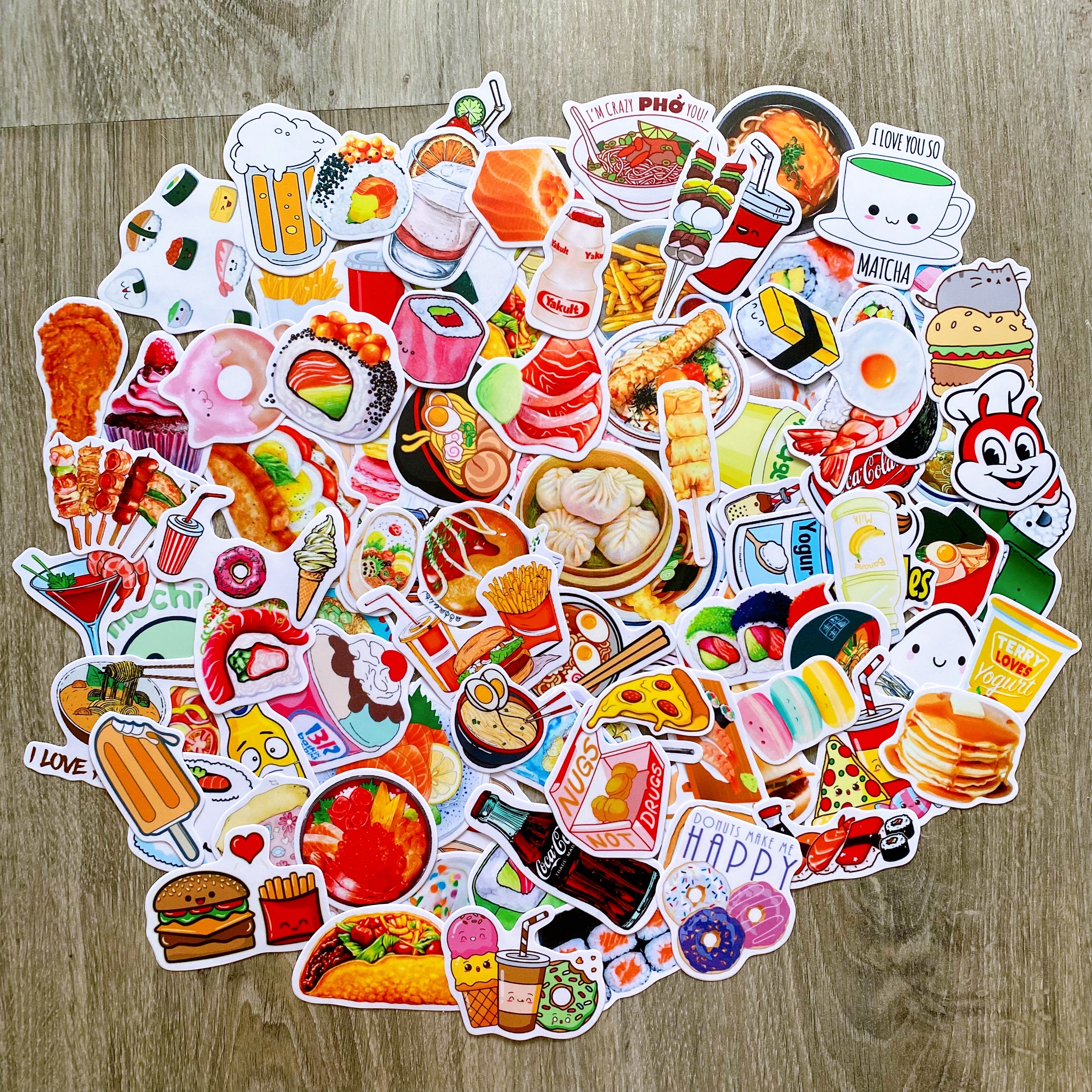 Bộ 50 Sticker Food Chủ Đề Món Ăn Uống  Hình Dán Chống Nước Decal Chất Lượng Cao Trang Trí Va Li Du Lịch, Xe Đạp, Xe Máy, Laptop, Nón Bảo Hiểm, Máy Tính Học Sinh, Tủ Quần Áo, Nắp Lưng Điện Thoại