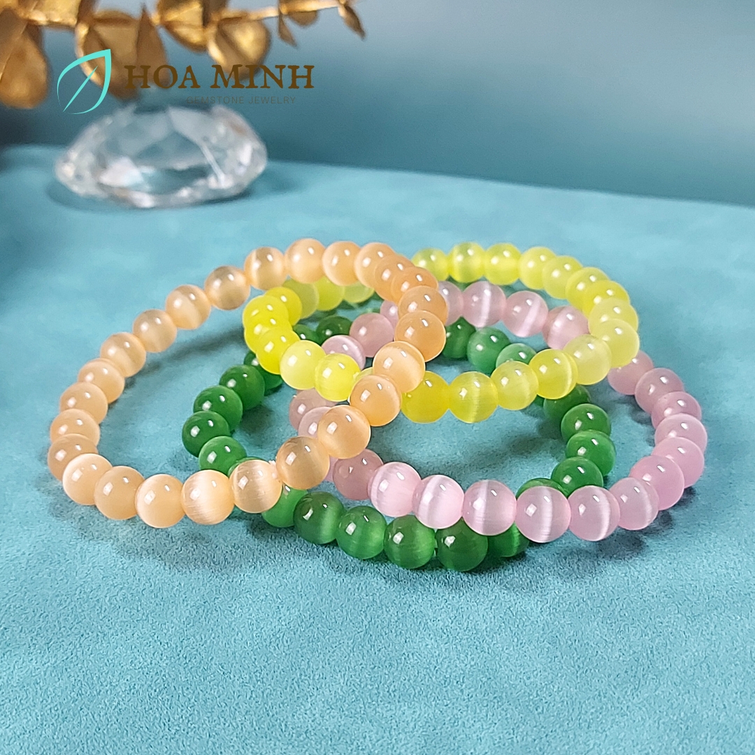 Vòng tay đá Mắt Mèo trơn size hạt 7.8 li đa sắc màu phong cách xinh xắn dễ thương