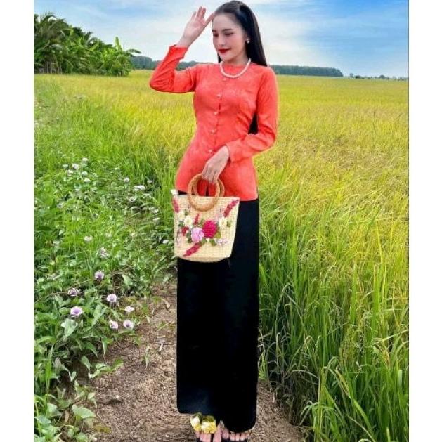 Set bộ bà ba nữ Tết gấm cổ tròn đủ màu đủ size - Xanh dương quần đen