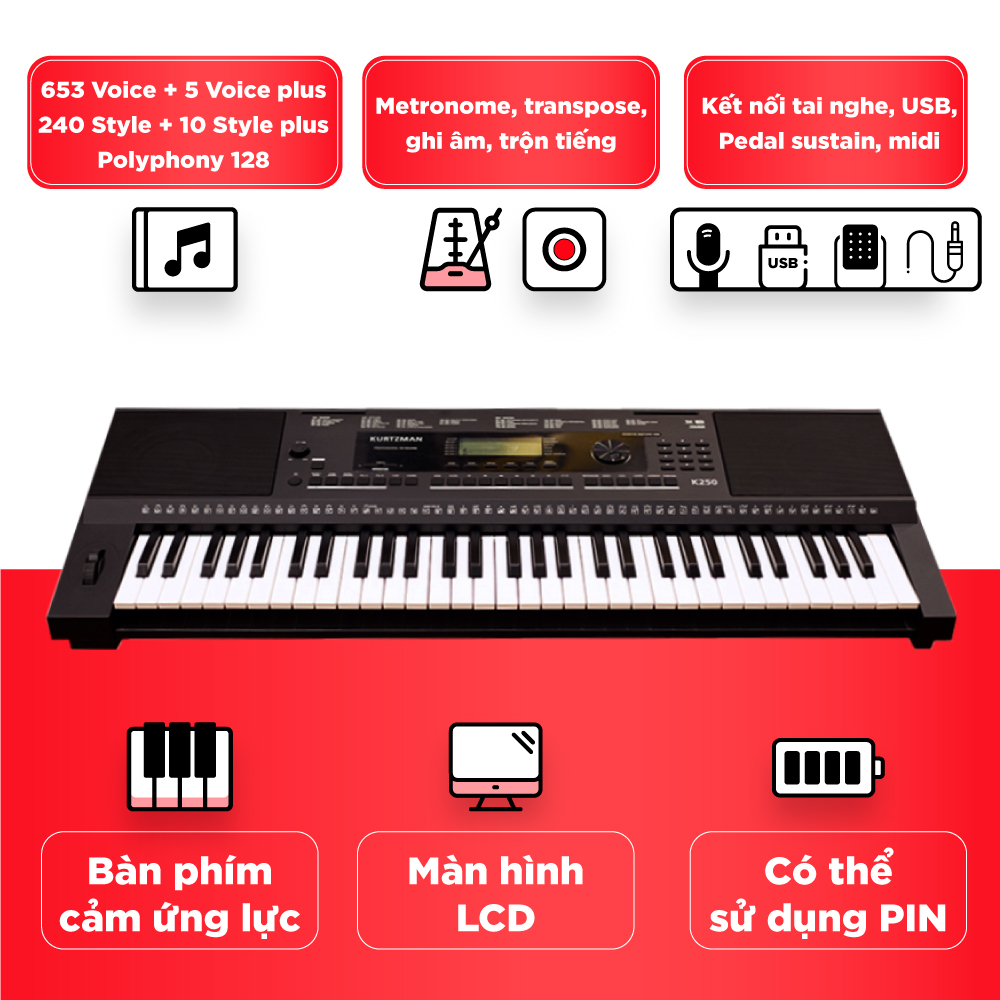 Đàn Organ điện tử/ Portable Keyboard - Kzm Kurtzman K250 - Perfect for Learning &amp; Performing - Màu đen (BL) - Hàng chính hãng