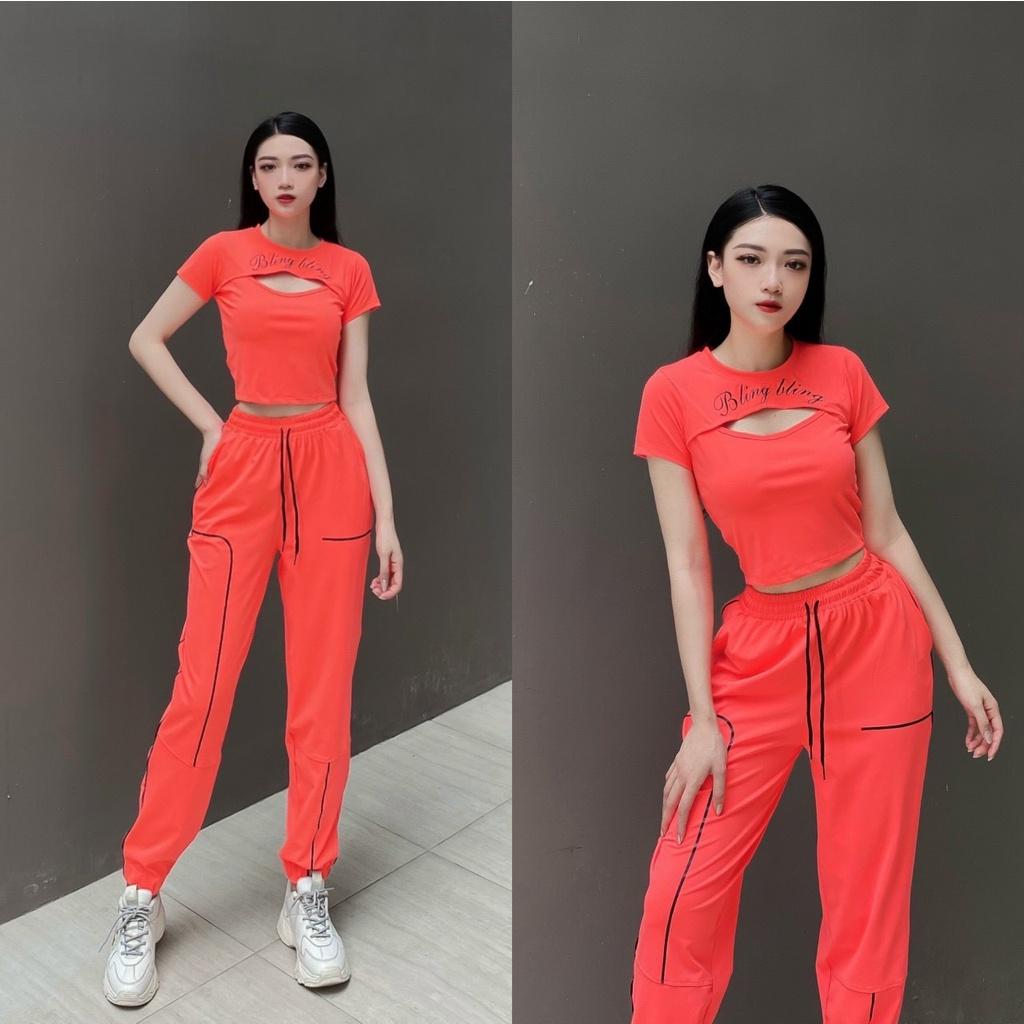 Set bộ thể thao nữ tập gym, yoga, aerobic, dance, chạy bộ gồm quần jogger dáng rộng và croptop cá tính