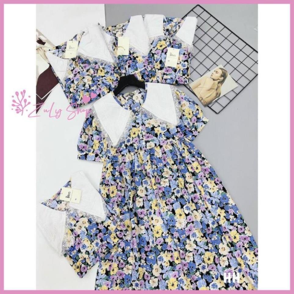 Váy hoa tím cổ trắng dáng xòe