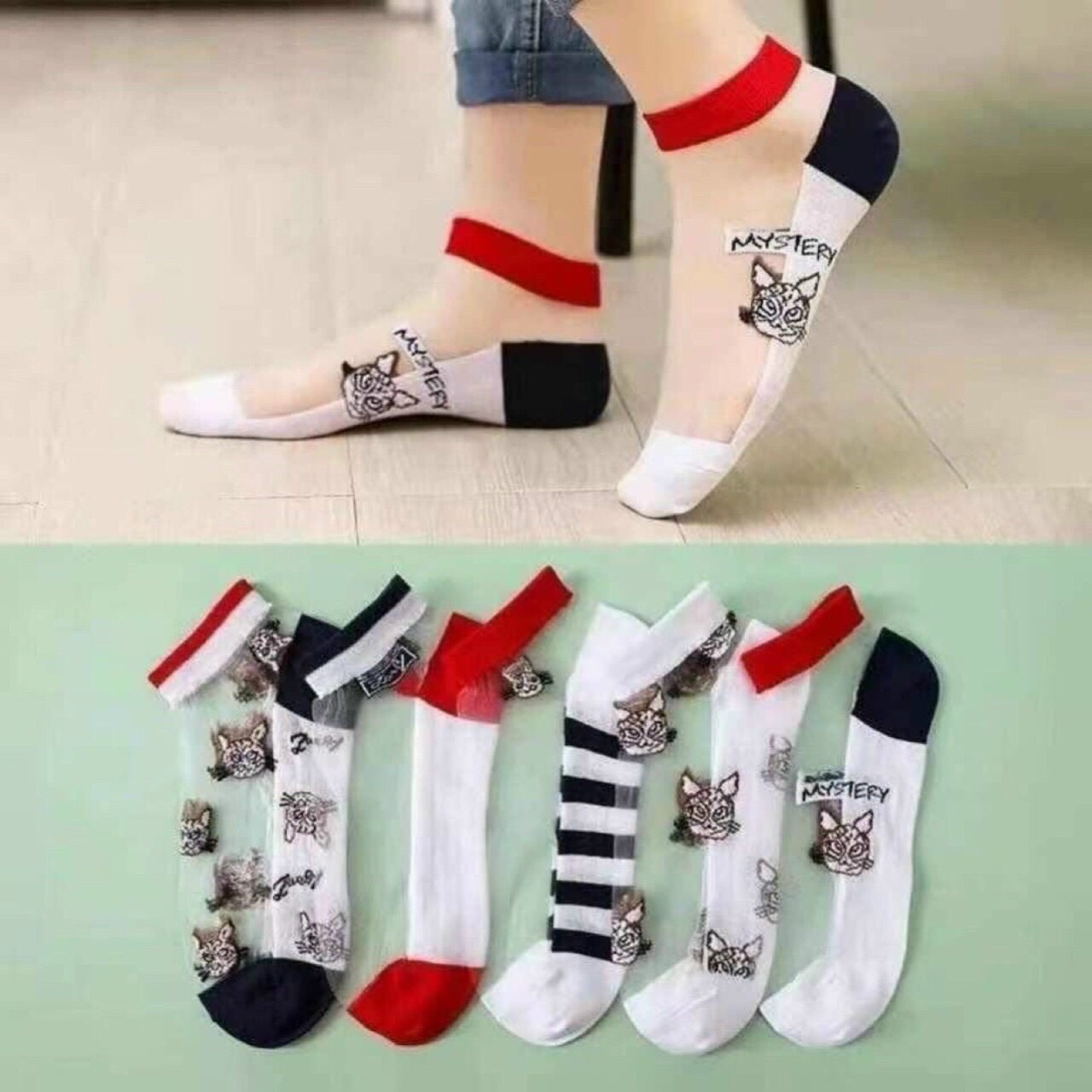 Combo 10 Đôi Tất Nữ Cổ Ngắn Hình Mèo - Tất Nữ Phối Lưới Hình Mèo Cute - Tất Lưới Nữ Cổ Ngắn Sanh Chảnh - Màu Ngẫu Nhiên