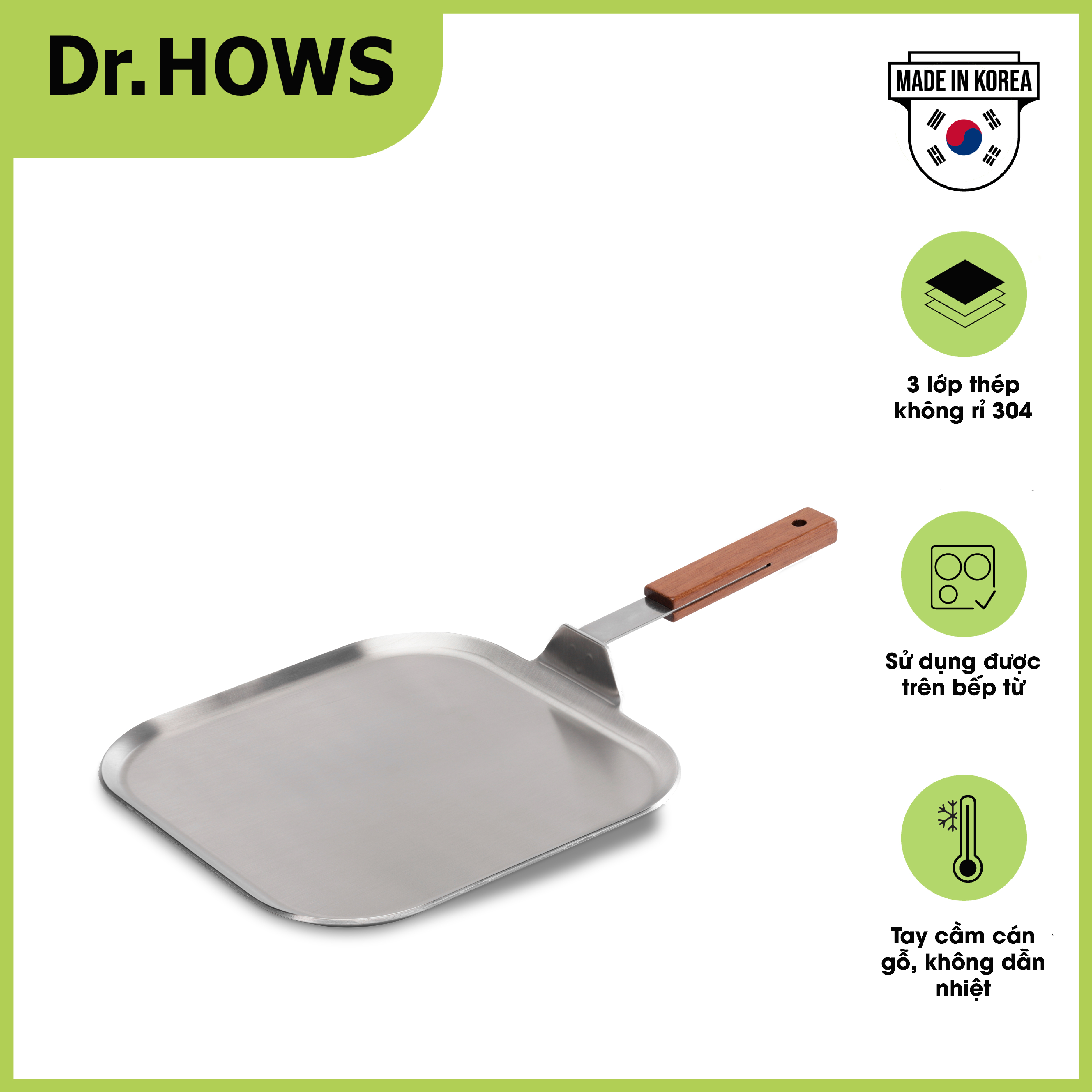 Chảo vuông Inox 3 lớp cán gỗ Dr.HOWS Warm Wood 29cm