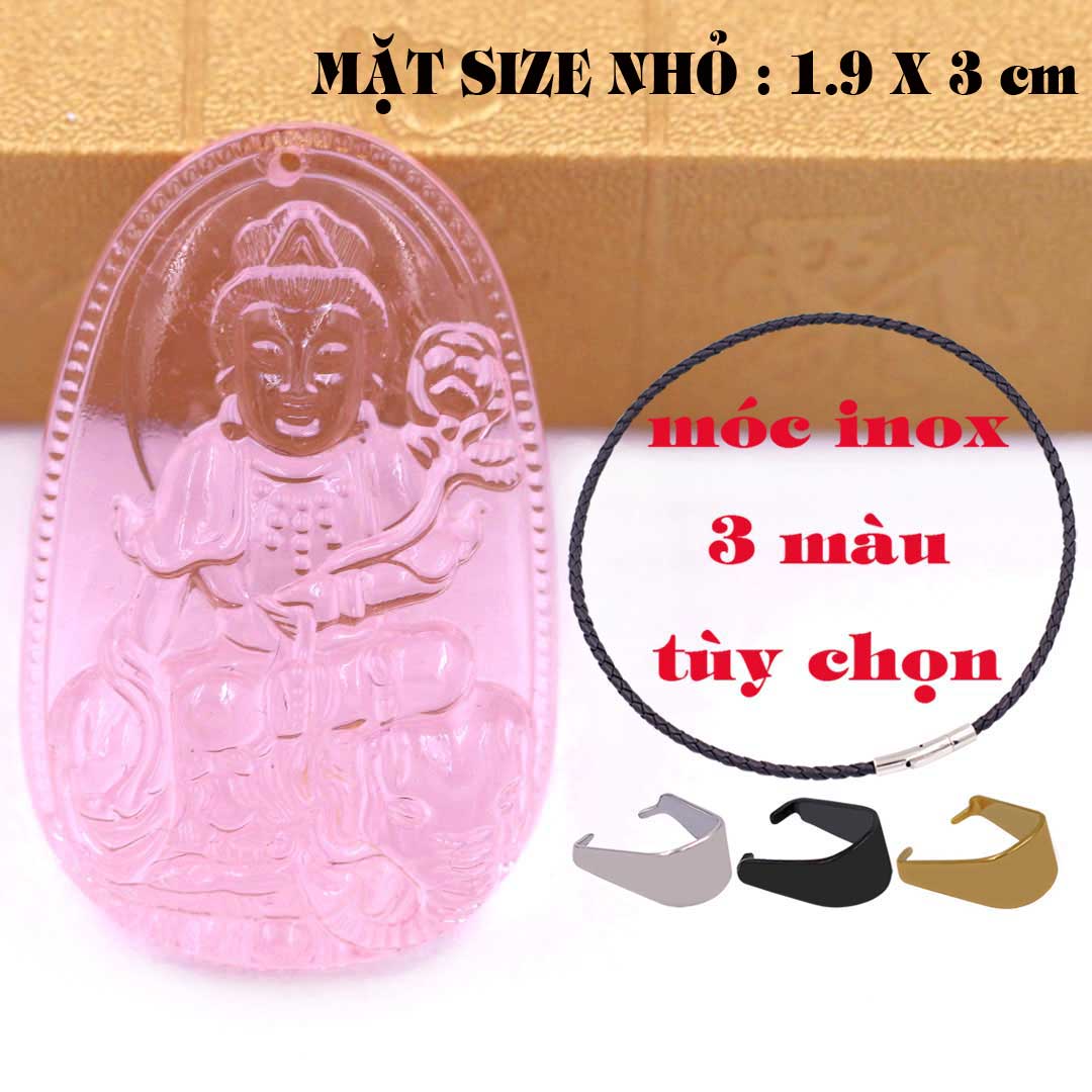 Mặt Phật Phổ hiền pha lê hồng 1.9cm x 3cm kèm vòng cổ dây da đen + móc inox vàng, Phật bản mệnh, mặt dây chuyền