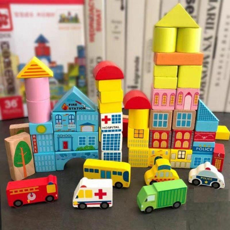 Mô hình đô thị- Đồ Chơi Gỗ Xếp Hình Giao Thông Thành Phố - Ghép hình sáng tạo- Có hộp thả khối