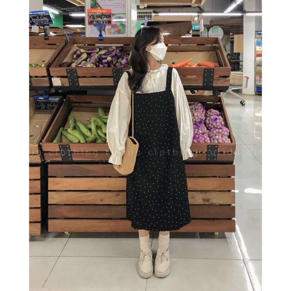 Váy Yếm Dài TULIDU Đầm Yếm Hai Dây Chấm Bi Phong Cách Hàn Quốc Ulzzang Co Giãn 4 Chiều Y201
