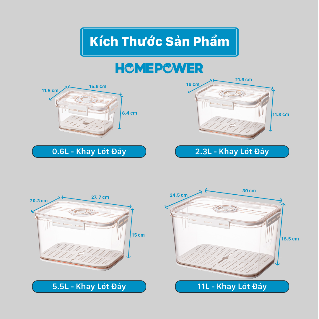 Hộp nhựa đựng thực phẩm Homepower trong suốt có khay lót đáy giúp ráo nước, chất liệu cao cấp, an toàn cho sức khỏe 