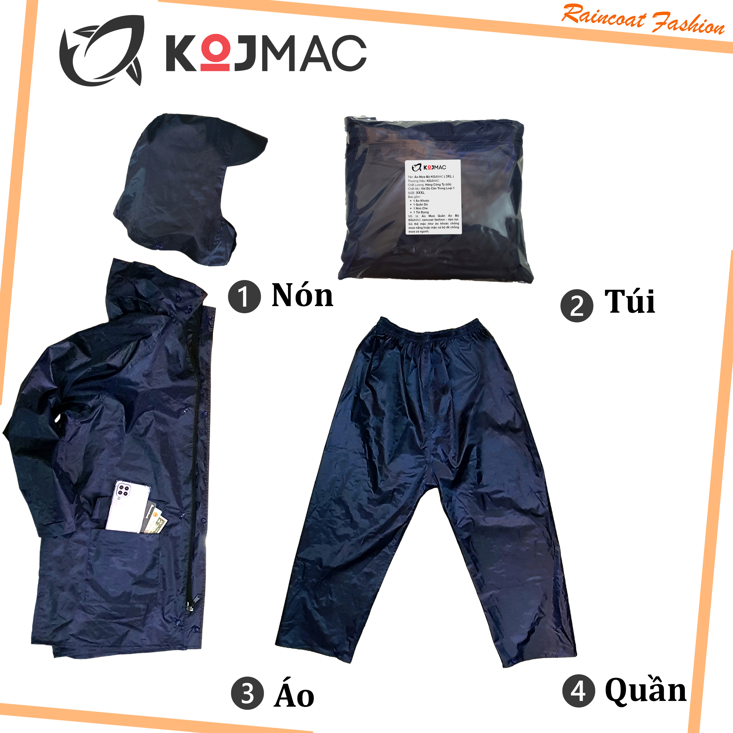 Bộ Quần Áo Mưa Cao Cấp KOJMAC Raincoat 1 Người Lớn ( Sỉ Có Túi Dây Khóa Kéo Vải Dù Dày Đi Xe Nam Nữ, aomua Có Túi )