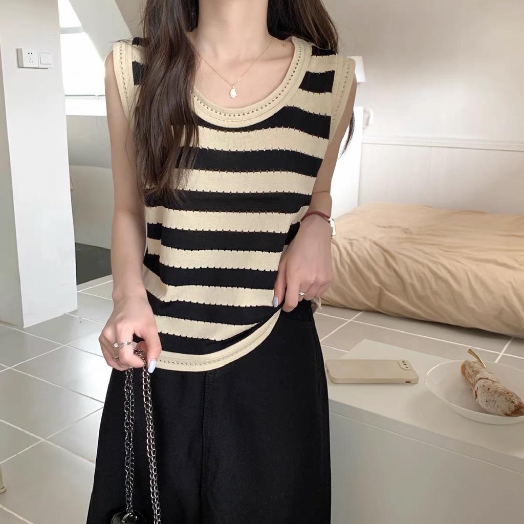 áo len mongtoghi nữ tay ngắn dệt kim mỏng kiểu cổ tròn kẻ sọc ngang phong cách thời trang hàng Quảng Châu cao cấp