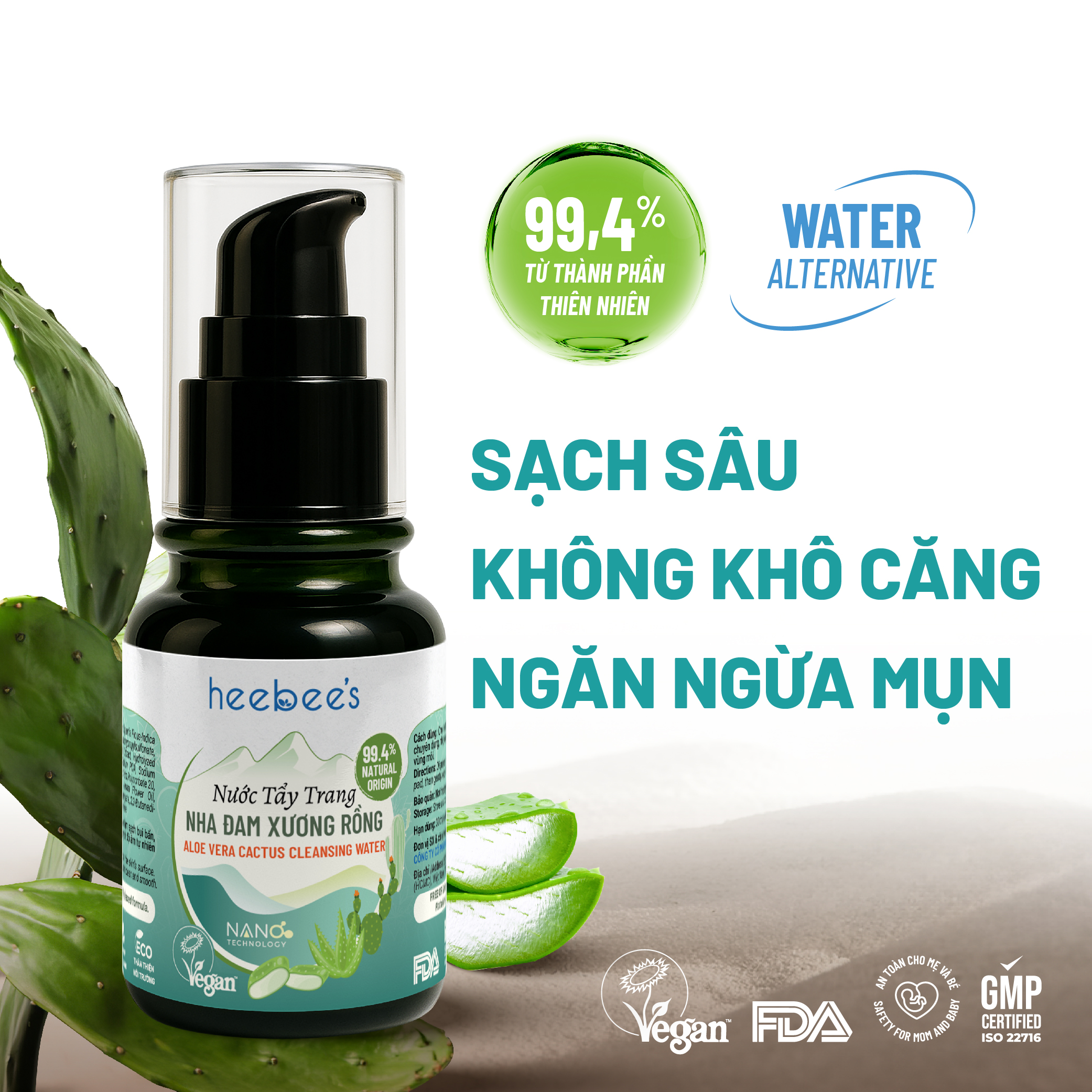 Nước Tẩy Trang Thuần Chay Nha Đam Xương Rồng Heebee’s Sạch Sâu, Dịu Nhẹ, Ngừa Mụn, Cho Da Nhạy Cảm, Không Khô Da 110ml