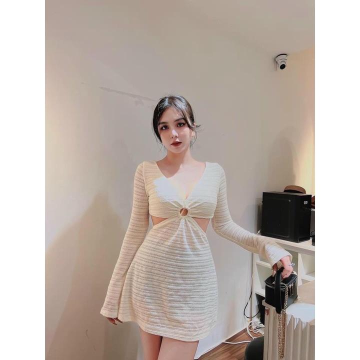 Đầm Body Tay Dài PINKSTORE29, Dáng Ôm Cut Out Khoen Ngực D085