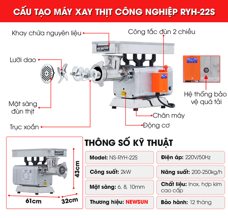 Máy xay đùn thịt công nghiệp RYH-22S NEWSUN - Hàng nhập khẩu chính hãng