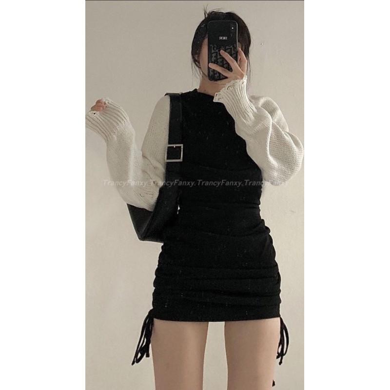 ( Hàng có sẵn ) Set váy body 3 lỗ len tăm nhún dây rút bên - Áo cardigan croptop Đầm nữ dáng ôm nhún hông D09