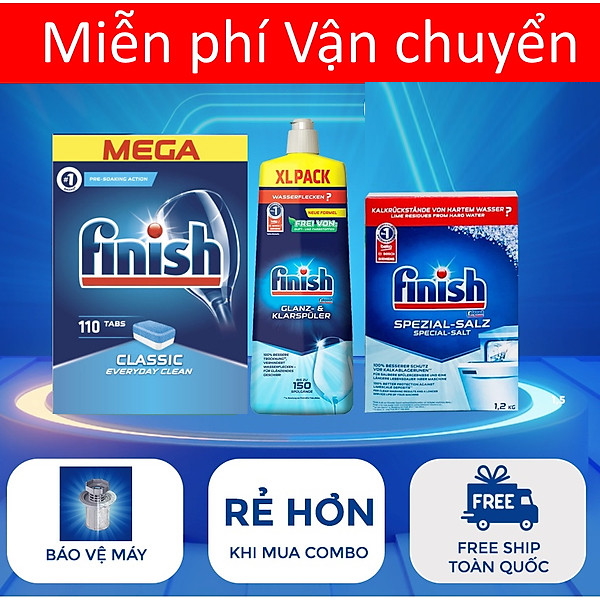 Combo rửa chén Finish: Nước Làm bóng 1150ml, Muối hộp 4kg, Hộp Classic 110 viên - Nhập khẩu Châu Âu.