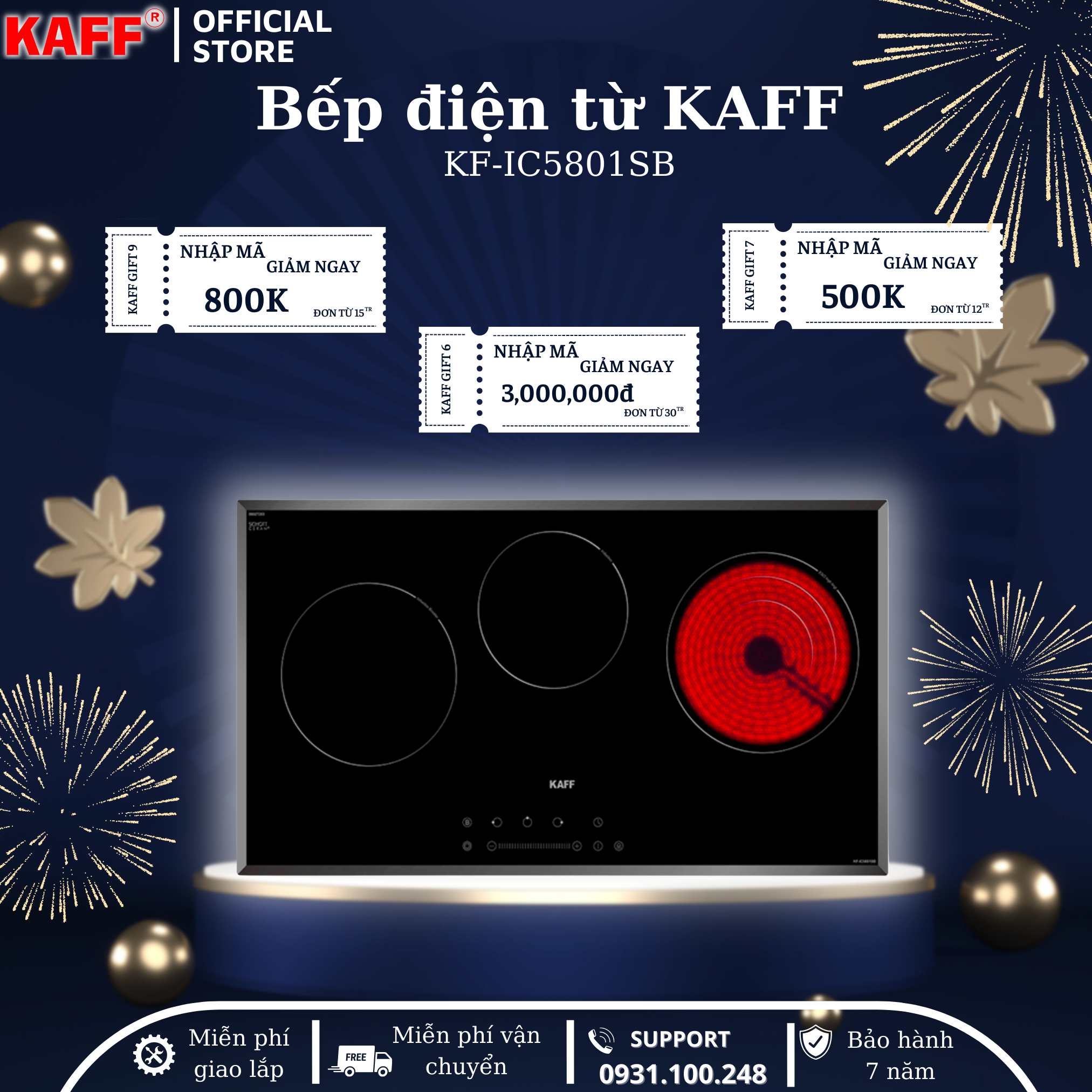 Bếp âm từ hồng ngoại kết hợp 3 vùng nấu nhập khẩu Germany KAFF KF-IC5801SB - Hàng Chính Hãng