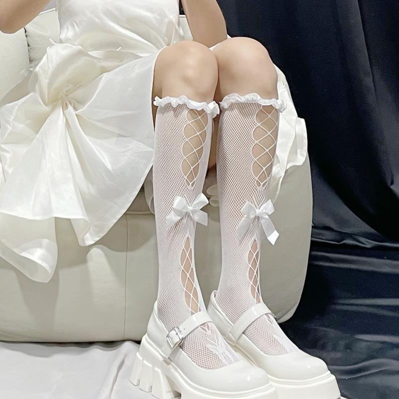 Tất, vớ bắp chân REN LƯỚI ĐÍNH NƠ Ở GIỮA phong cách lolita, thoáng mát, cá tính, cosplay GợiCảm Cho Nữ Women Đen