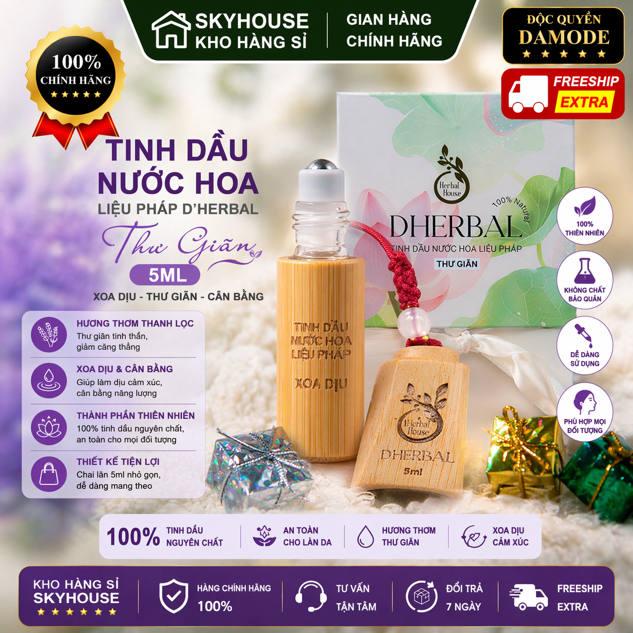 Tinh dầu nước hoa thư giãn trị liệu DHERBAL độc quyền DAMODE chai 5ml tinh dầu nước hoa giảm stress chính hãng