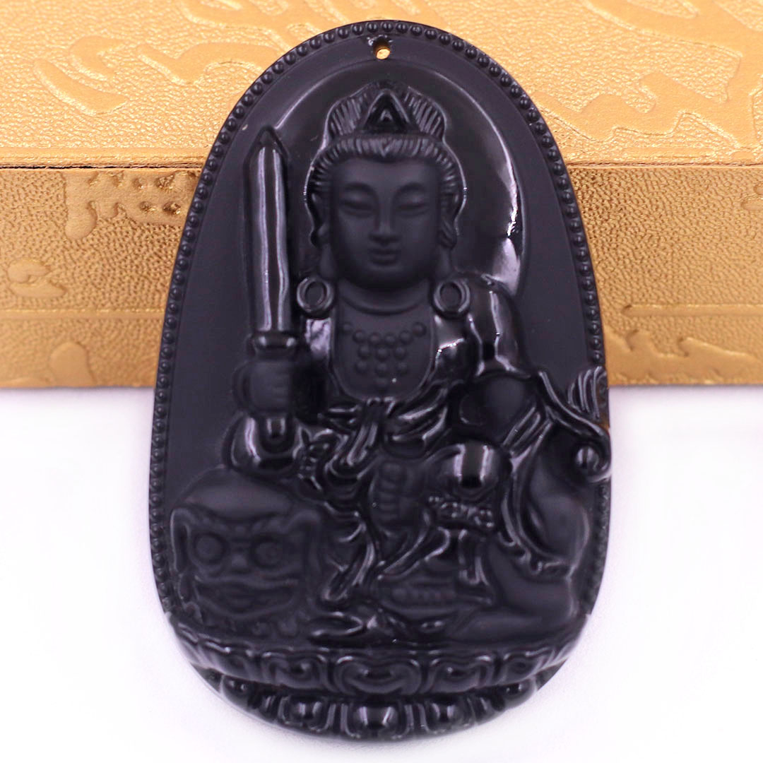 Mặt Phật Văn thù bồ tát đá thạch anh đen kèm vòng cổ dây dù đen + móc inox trắng, mặt dây chuyền Phật bản mệnh, dây chuyền phong thủy