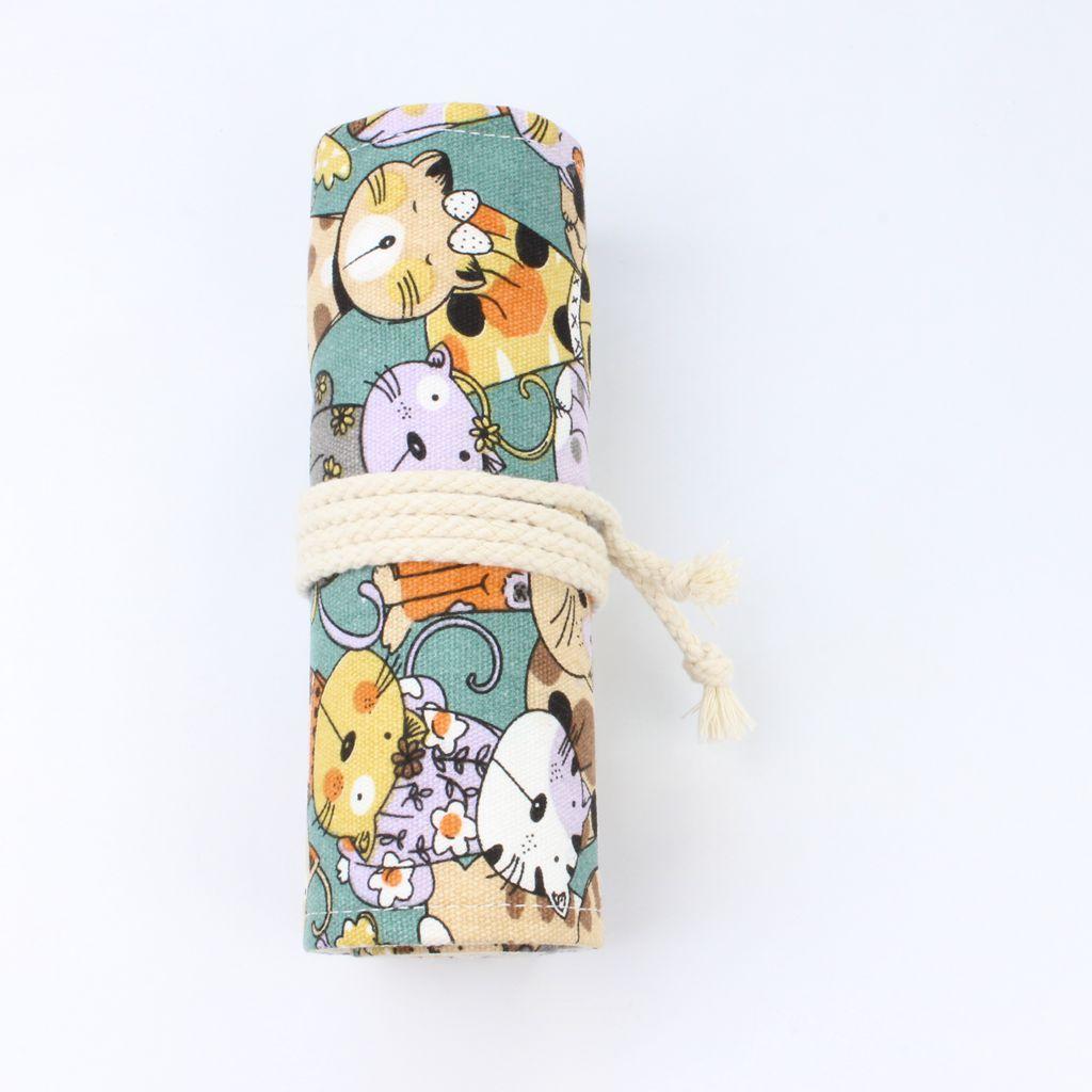 Canvas Pencil Wrap Roll up Case Hold for 36 Colored Pencils, Travel Carrying Organizer Holder,Great for Kids Adult - Cat Patterns