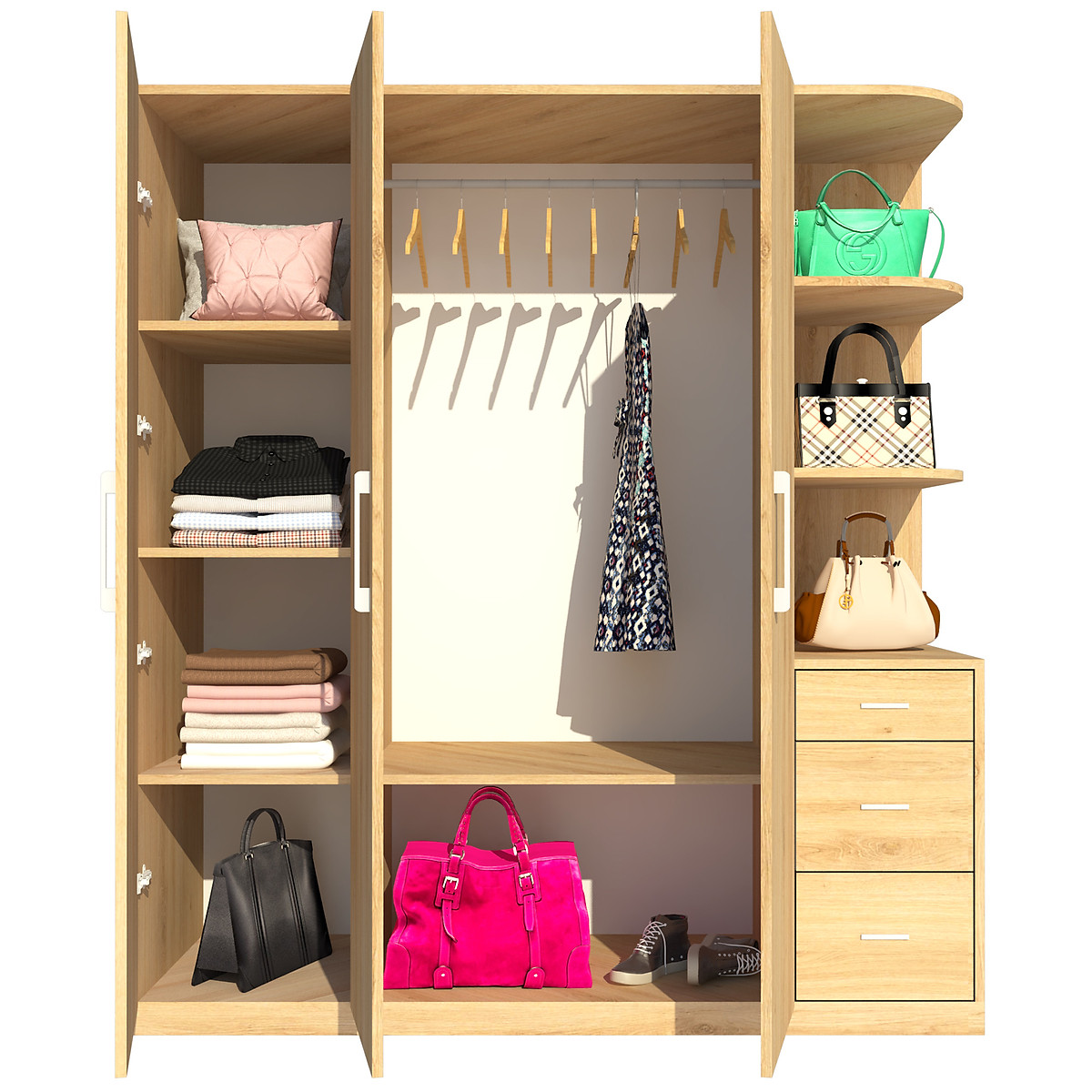 Tủ quần áo gỗ MDF Tundo 3 cánh 3 ngăn kéo màu vàng sồi 180 x 55 x 200cm