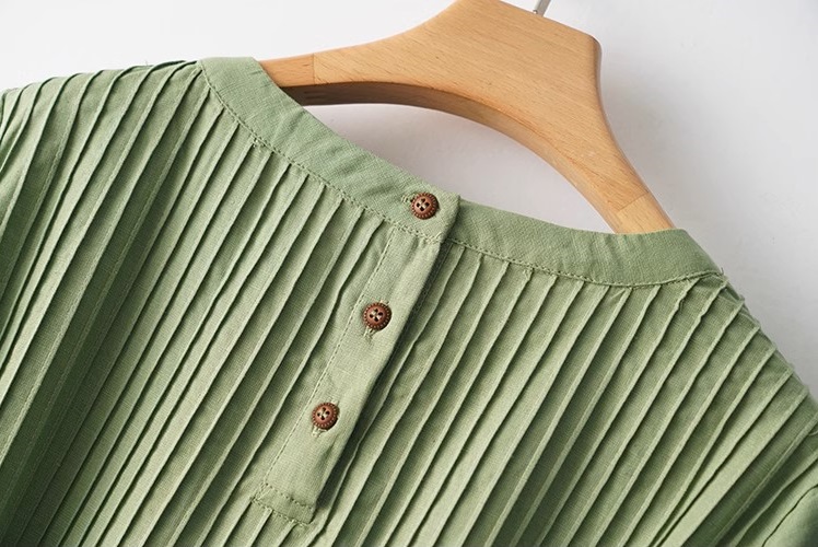 Đầm suông tay ngắn cổ tròn thiết kế xếp li tinh tế vải Linen tự nhiên cao cấp