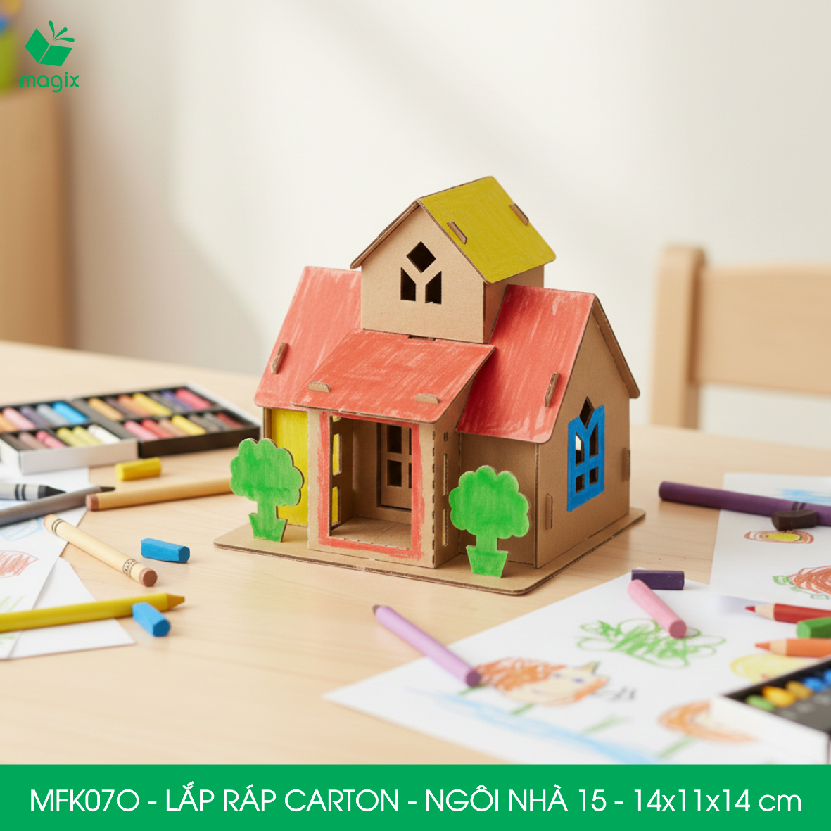 MFK07O -14x11x14 cm - Mô hình ngôi nhà lắp ráp từ bìa carton cao cấp, nhà giấy carton mini sáng tạo