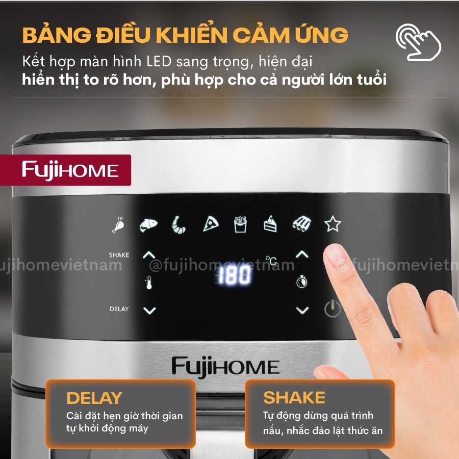 Nồi chiên không dầu 10L nhập khẩu Fujihome tự ngắt A10DG2, nồi chiên điện tử 10 Lít LCD cảm ứng 8 chế độ nấu,tặng kèm kẹp gắp - hàng chính hãng
