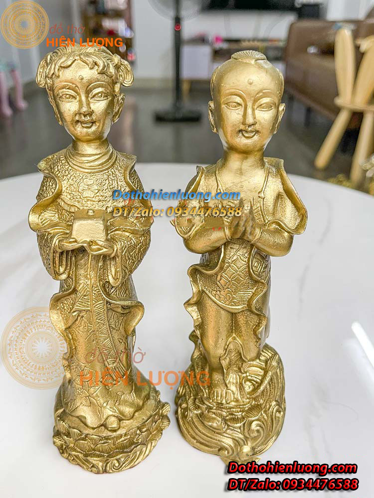 Tượng Tiên Đồng Ngọc Nữ Bằng Đồng Vàng Nguyên Chất Cao 19cm Đẹp Phong Thủy - Đồ Thờ Hiên Lượng