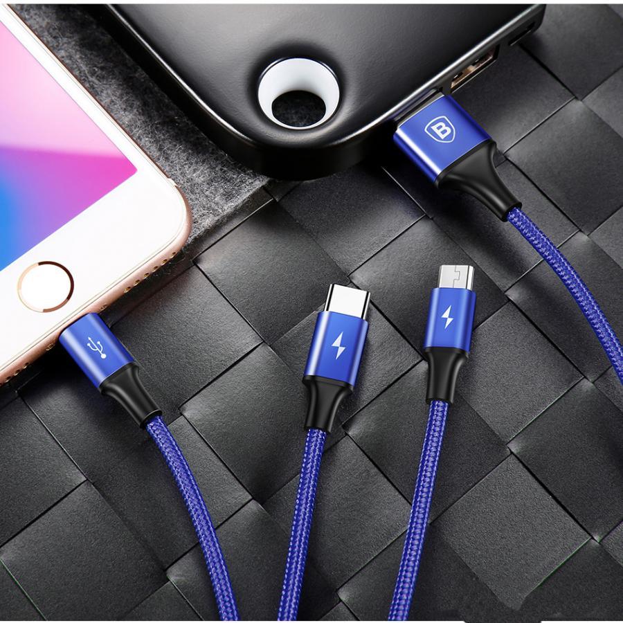 Dây cáp sạc thế hệ mới 3 in 1 sạc cùng lúc Micro USB và USB Type C và Lightning chính hãng Baseus - Sản phẩm chính hãng