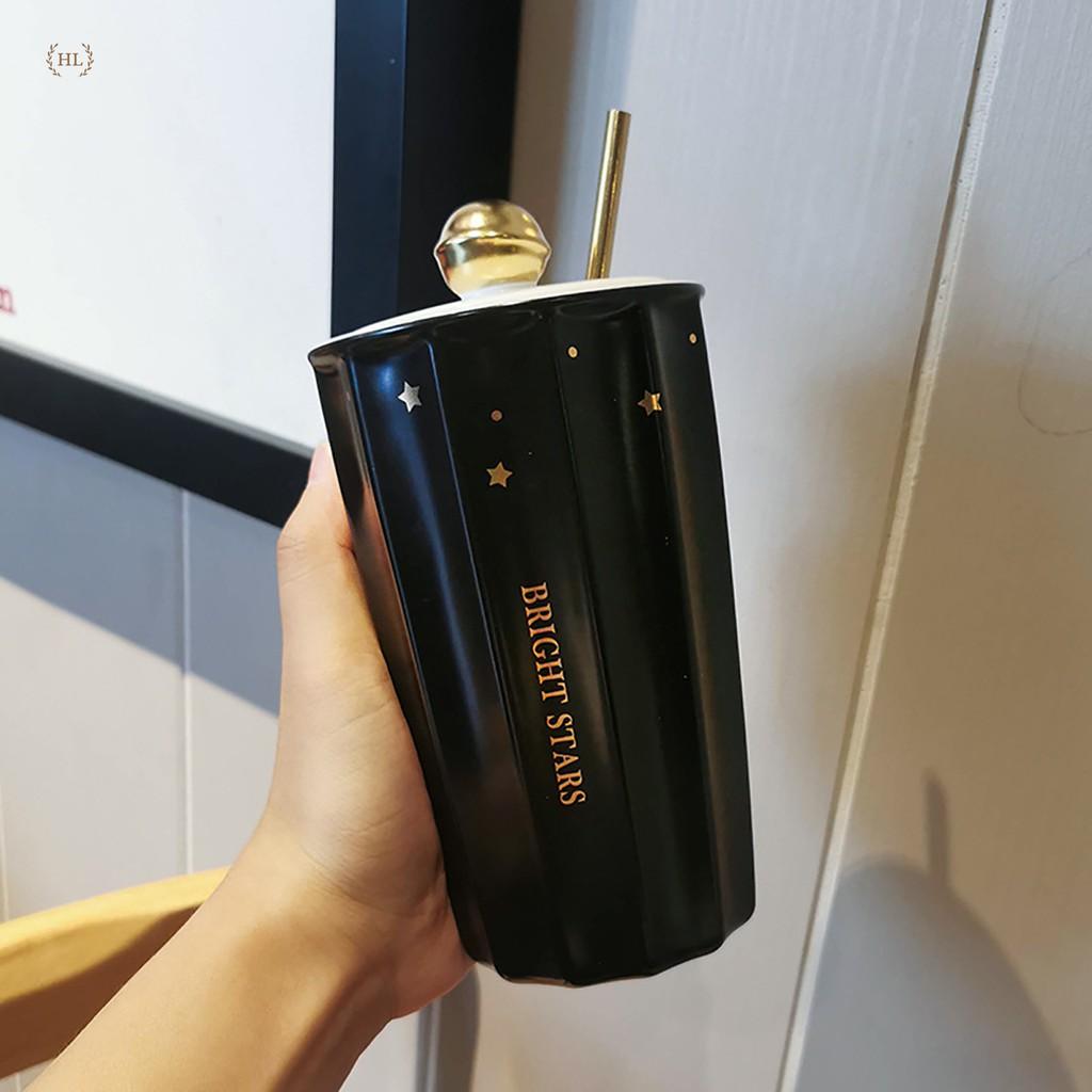 Ca sứ kèm ống hút inox vàng kim | Cốc Hot Trend 2022 | Ly 2 lớp có nắp đậy kèm ống hút Size To nắp sứ có doăng Doremon