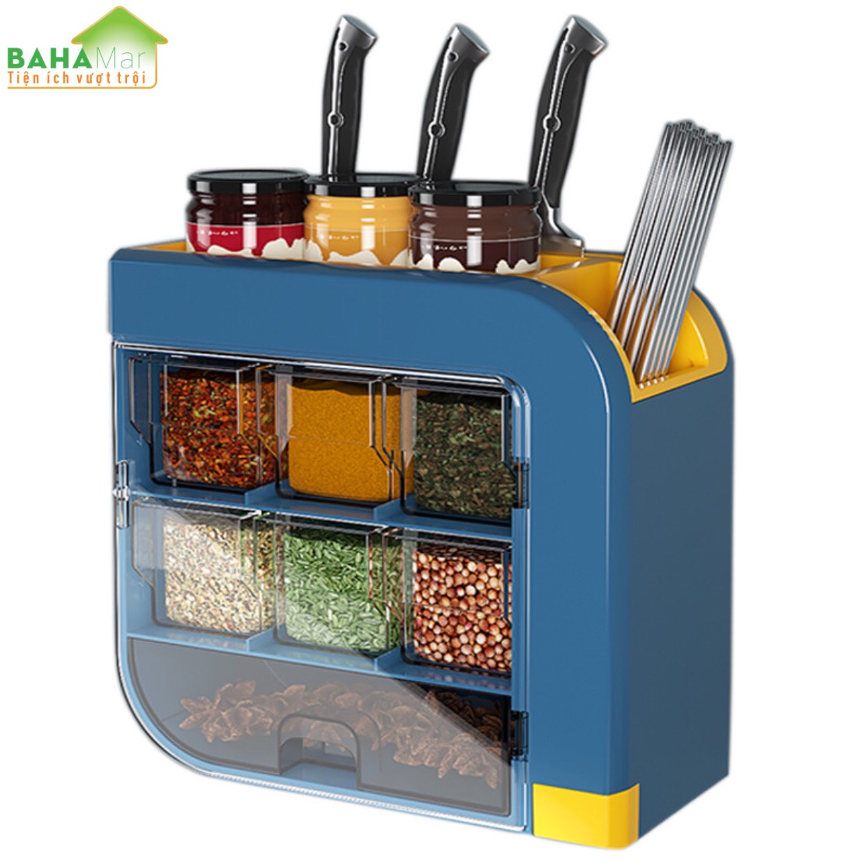 KỆ TREO TƯỜNG ĐA NĂNG ĐỰNG GIA VỊ NHÀ BẾP CẮM DAO VÀ ỐNG ĐŨA BAHAMAR sắp xếp và phân loại rõ ràng các loại gia vị và cắm dao đũa sạch sẽ khô ráo